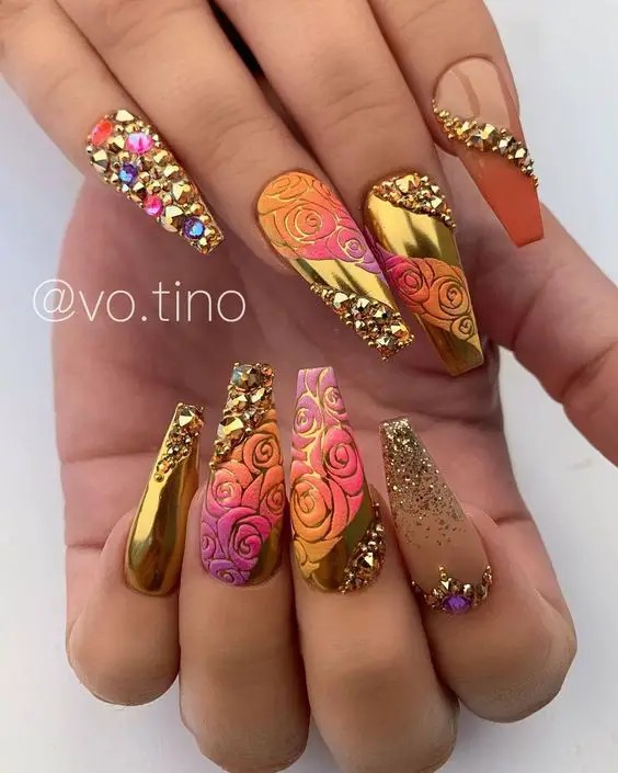 Colorful Chrome Floral Nail Art: