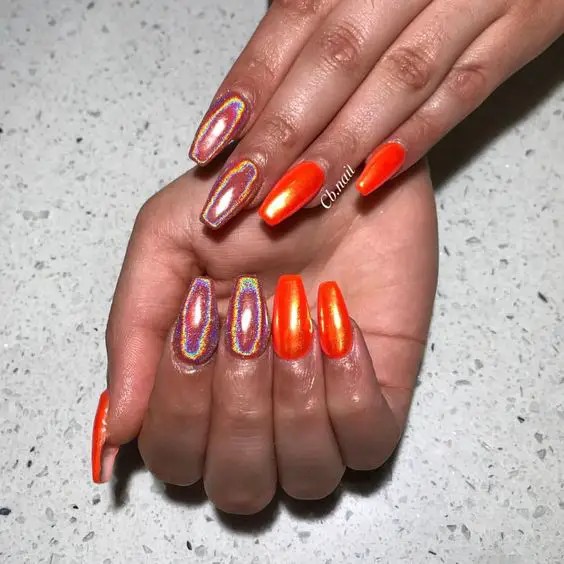 Orange Holographic Chrome Nails: