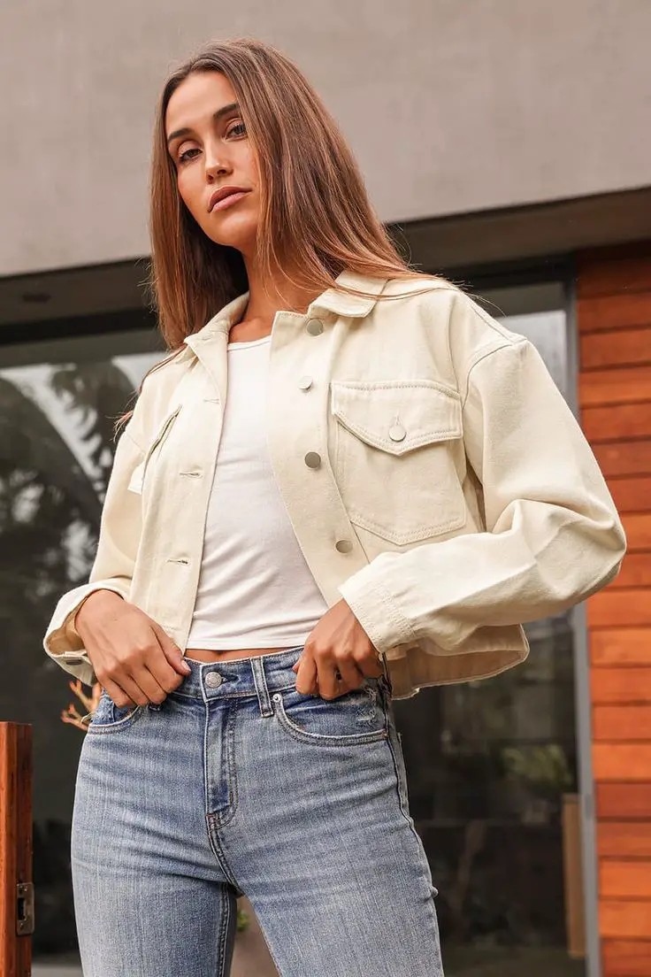 Cream Denim Jacket with Classic White Tee