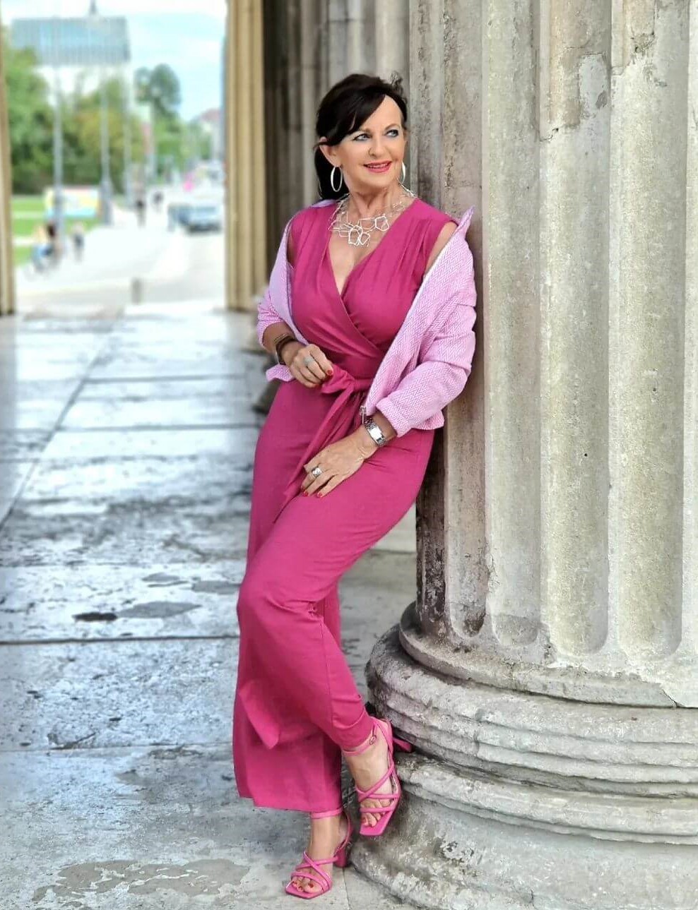 Pink Jumpsuit with a Draped Cardigan