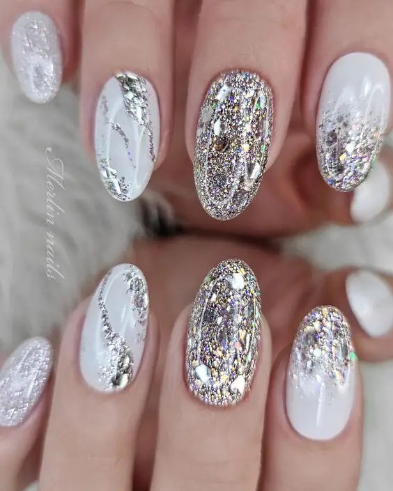 White Chrome Negative Space with Glitter: