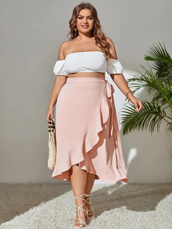 Wrap Skirt and Off-Shoulder Crop Top: