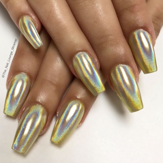 Yellow Holographic Chrome Nails: