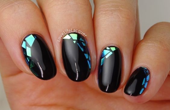 Geometric Black Chrome Nail Art: