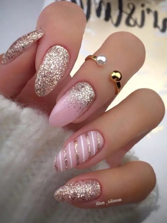 Pink and Gold Glitter Nails: