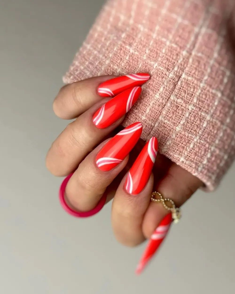 Long, Red Swirls on Stiletto Nails