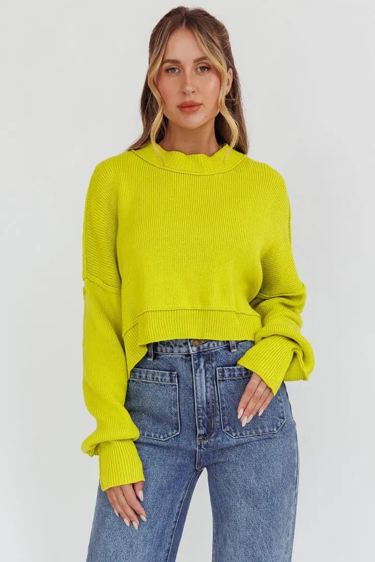 Bright Yellow Cropped Sweater and High-Waisted Jeans