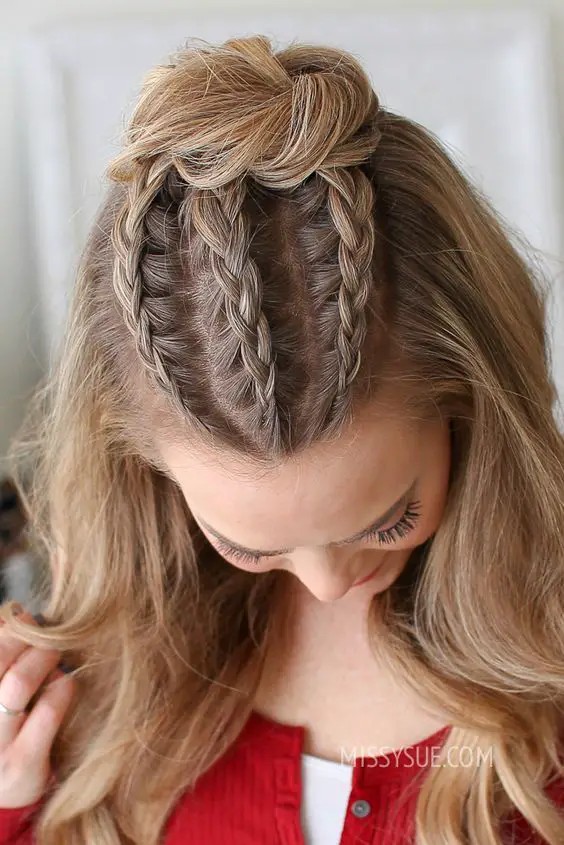 French Braid Half-Up Top Knot: