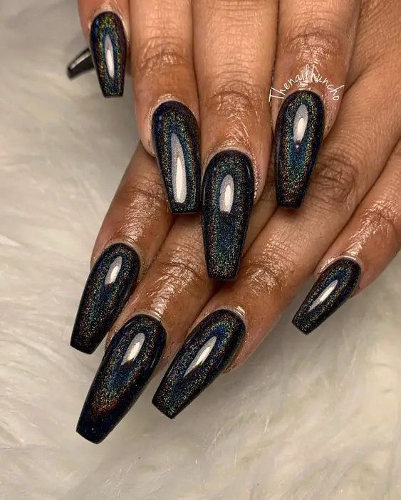 Black Holographic Chrome Nails: