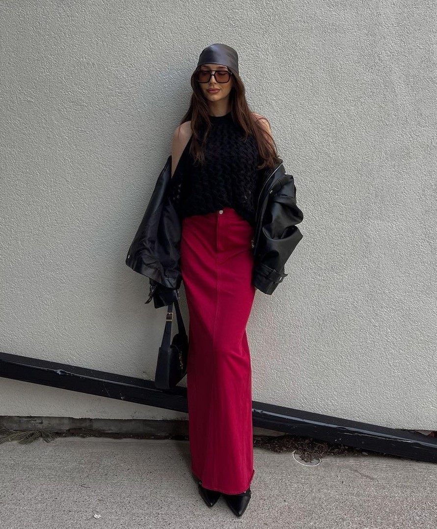 Red Skirt and Black Leather Jacket