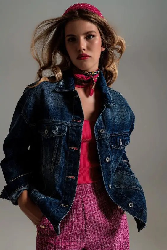 Dark Denim Jacket with Pink Accents