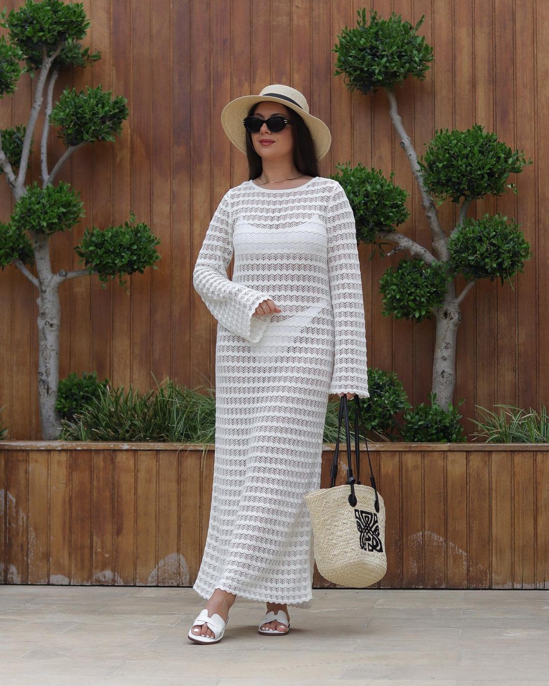 Full-length White Knitted Dress and Hat