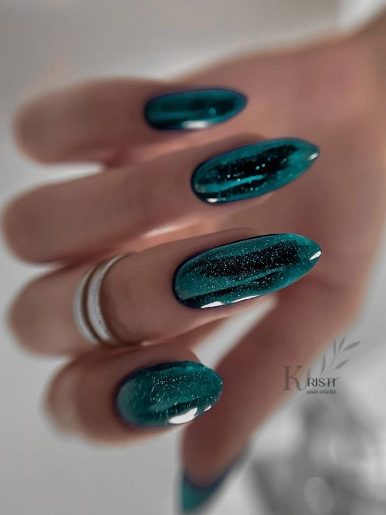 Teal Chrome Almond Nails