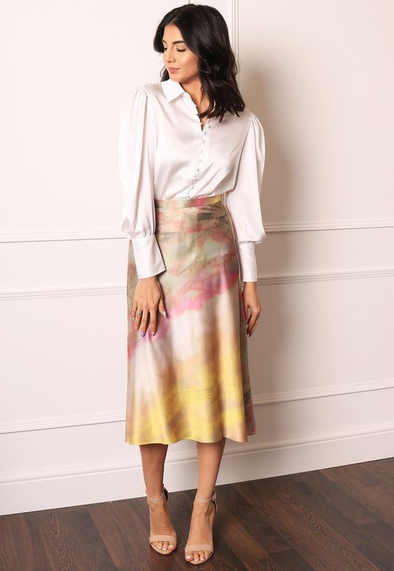 Satin Midi Skirt and Silk Blouse