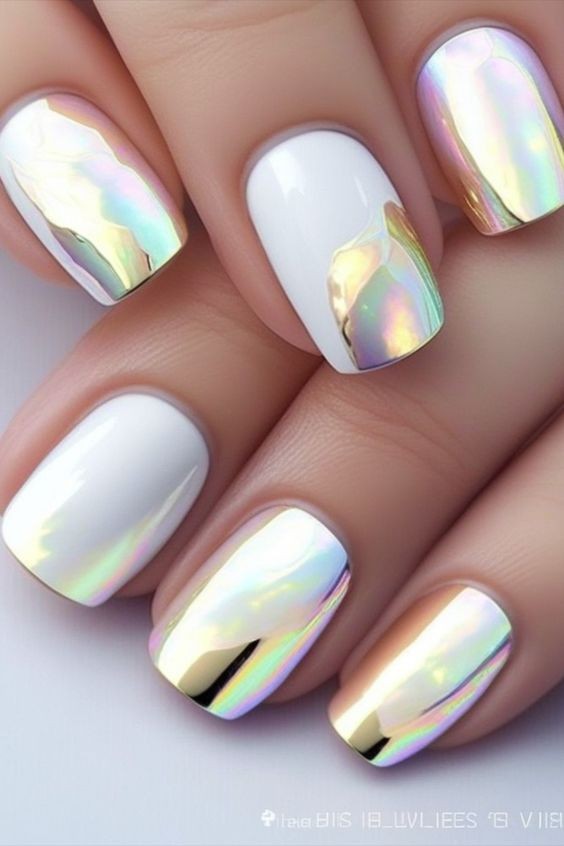 White Holographic Chrome Nails: