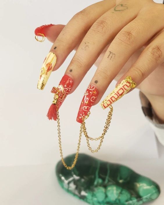 Chinese Lunar New Year Nail Art in Gold