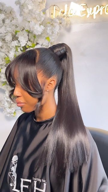 Sleek High Ponytail with Blunt Bangs