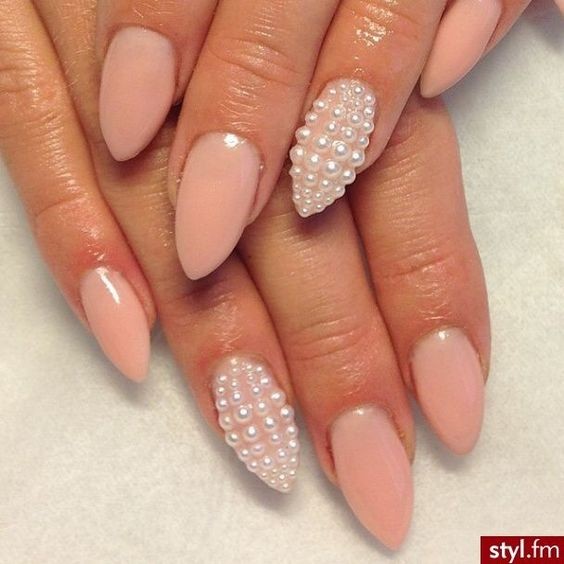 Pearl Accents on Pink Nails: