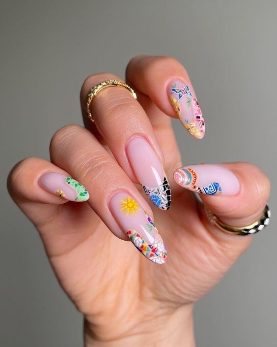 Spring Fiesta: Almond Nails with Festive Art