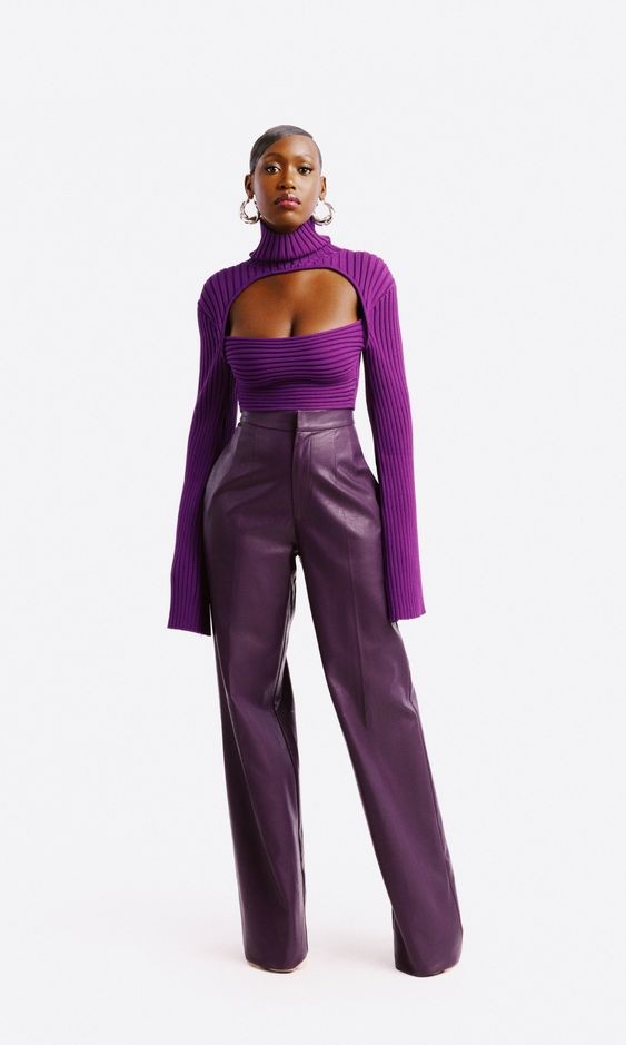 Purple Prowess: Chic Ribbed Knit and Leather