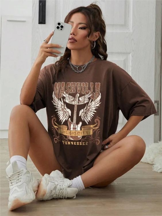 A Brown Oversized Tee with Eagle Graphic