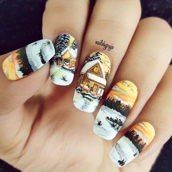 Winter Landscape Nail Art: