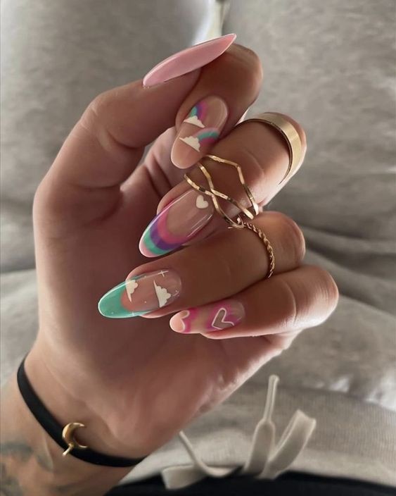 Pastel Dreams: Gel Nails with Cloudy Rainbow Accents