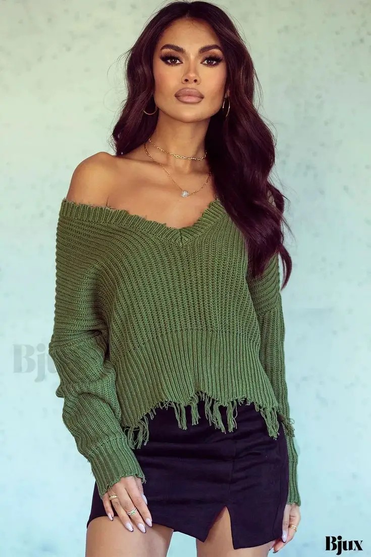 Olive Green Distressed Sweater and Black Skirt