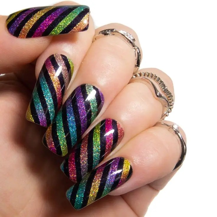 Colorful Chrome Striped Nails: