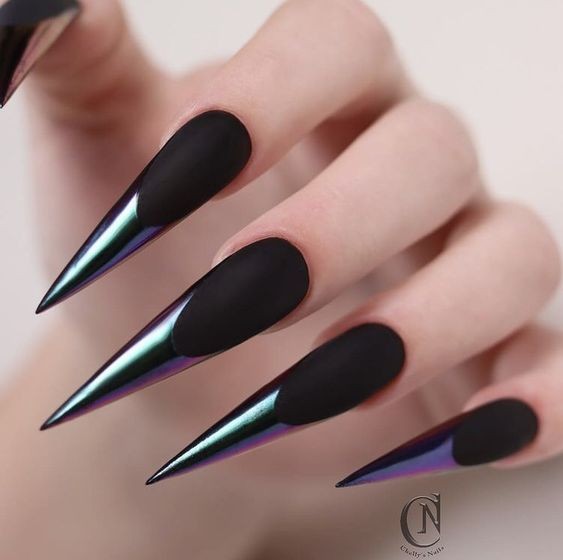 Negative Space Black Nails with Chrome Accents: