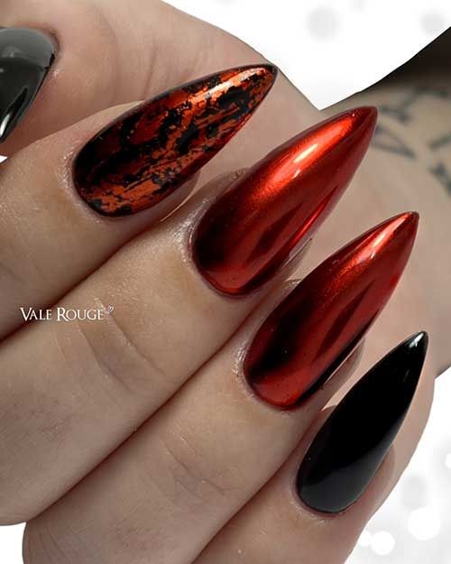 Red Chrome Almond Nails: