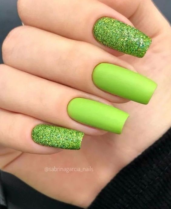 Lime Green Glitter Nails: