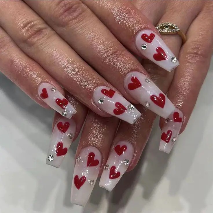 Rhinestone Heart Accent Nails: