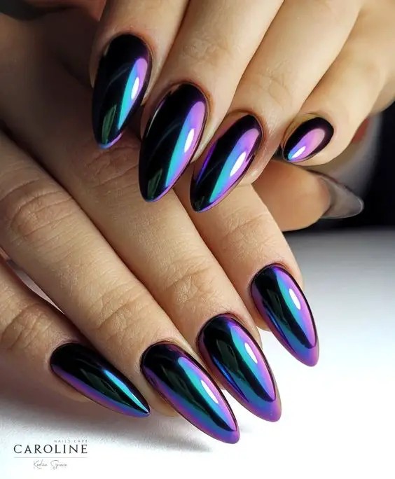 Rainbow Chrome Almond Nails