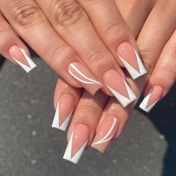 French Tips with Chevron Patterns: