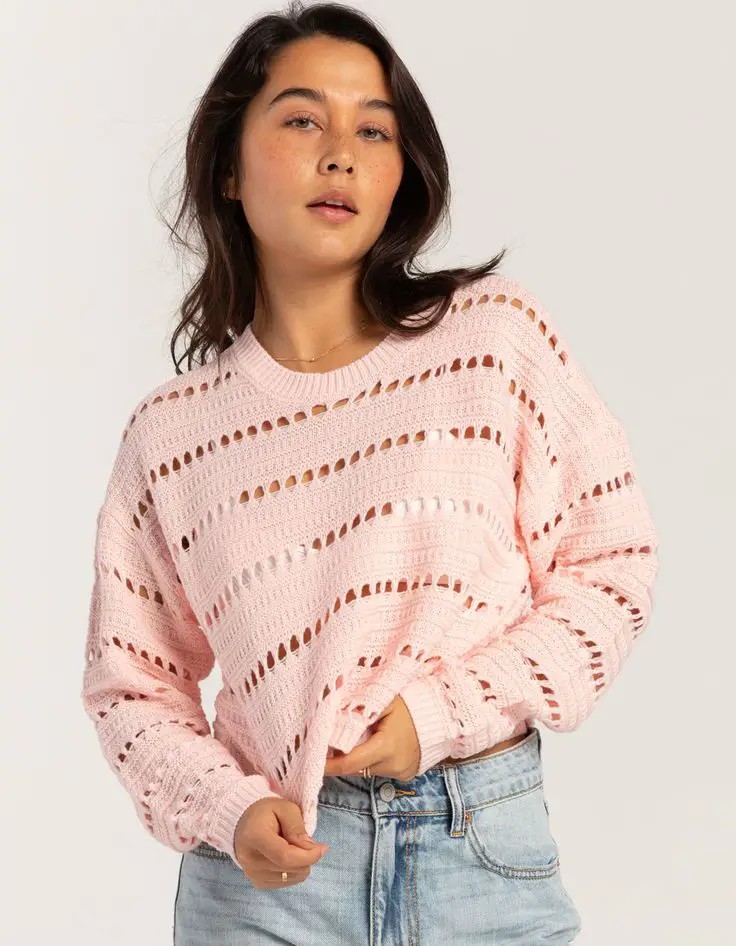 Light Pink Open-Knit Sweater and Denim Shorts