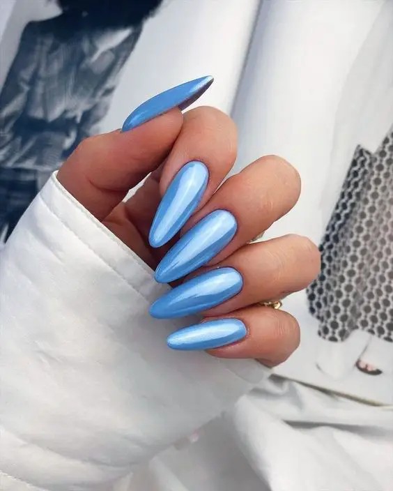 Blue Chrome Almond Nails