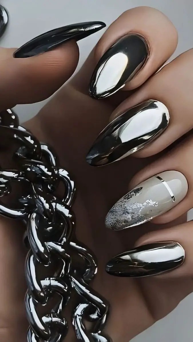 Gunmetal Chrome Almond Nails