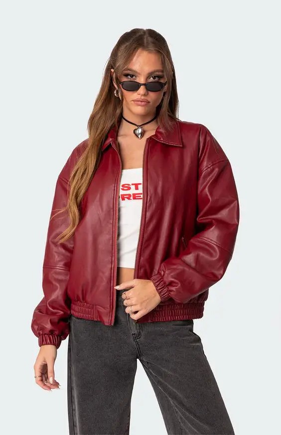 Red Leather Jacket with Casual Denim