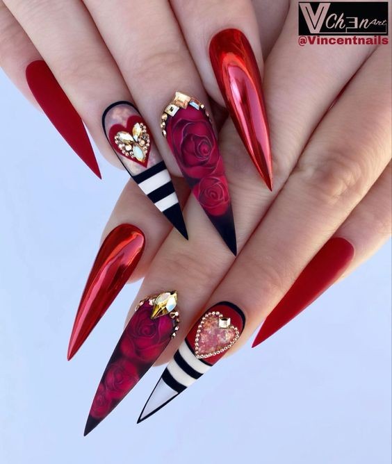 Abstract Red Chrome Nail Art: