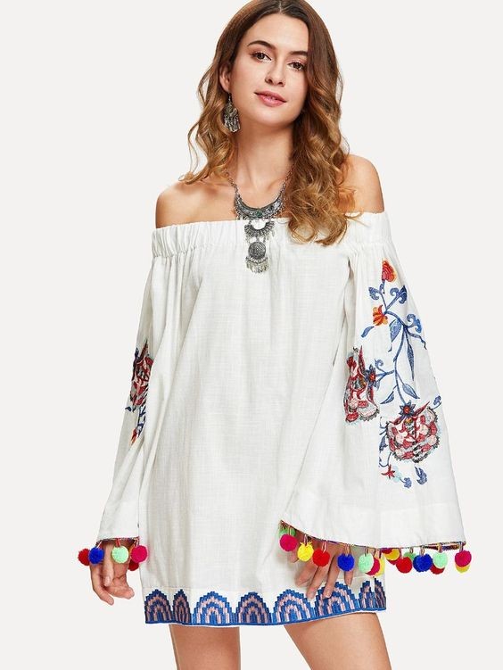 Boho Mini Dress with Pom-Pom Detailing