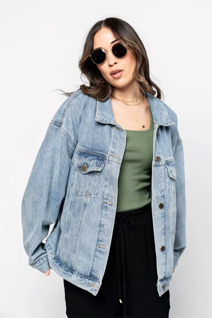 Classic Denim Jacket with Green Ribbed Top