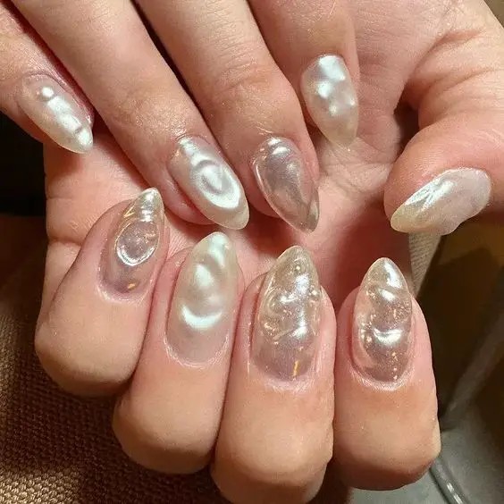 Pearl Embellishments Short Acrylic Nails: