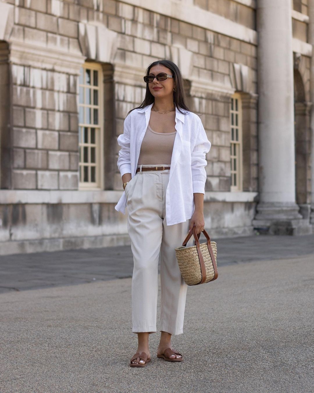 Beige Outfit with White Shirt and Wicker Bag