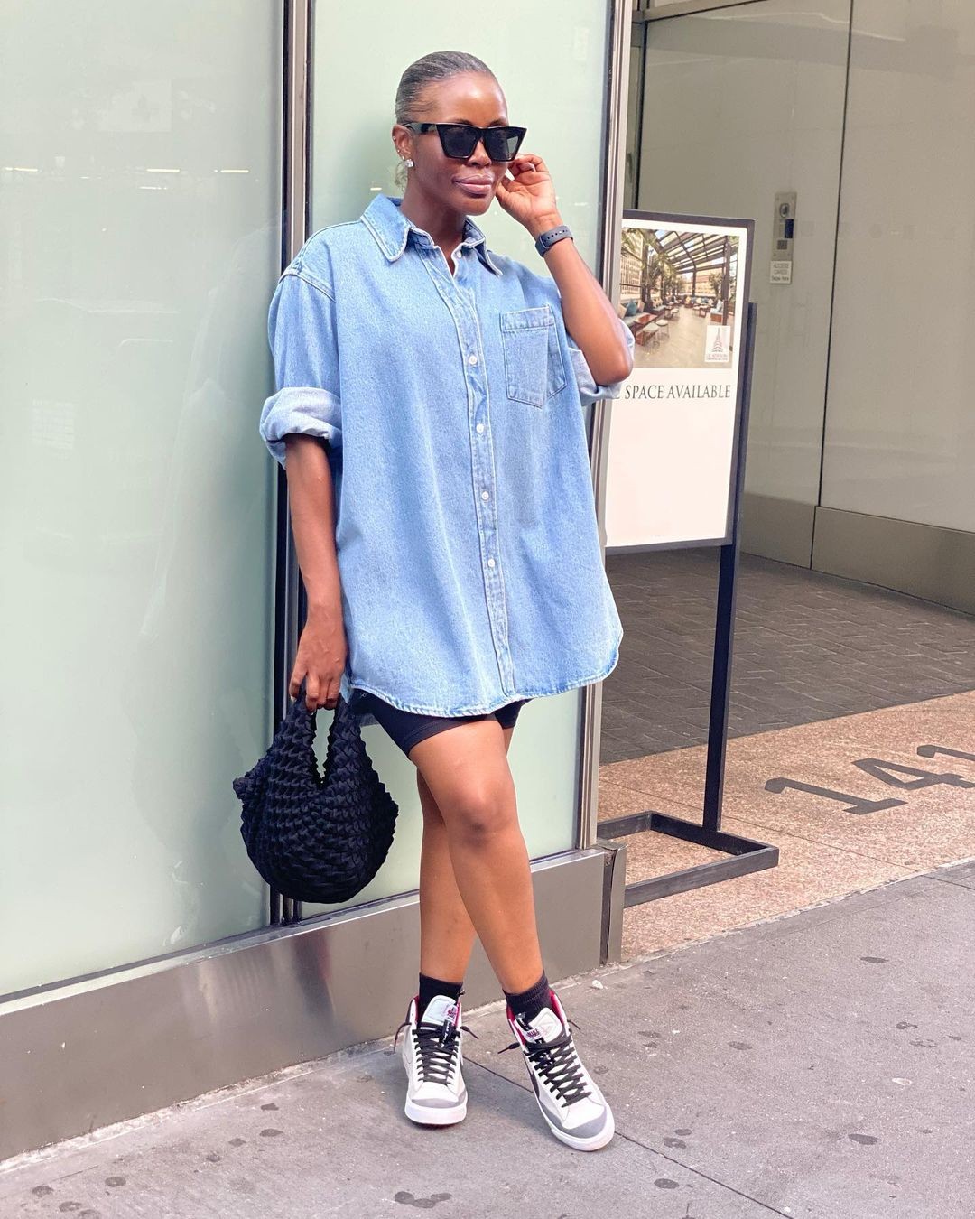 Denim Shirt Dress and High-Top Sneakers