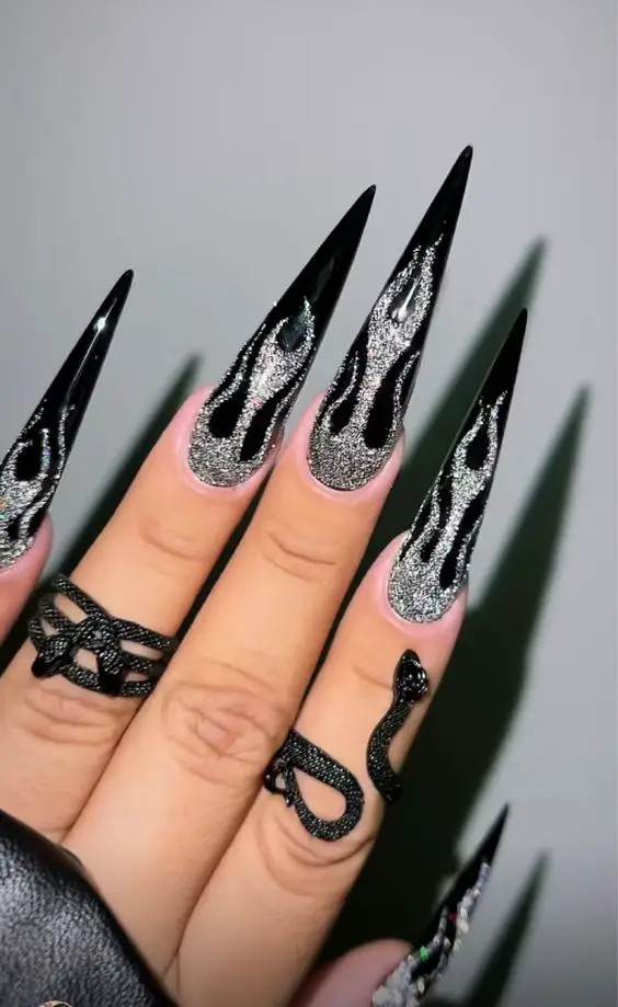 Black Chrome Stiletto Nails: