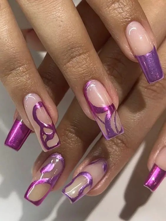 Negative Space Purple Nails with Chrome Accents: