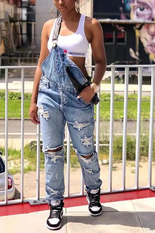 Denim Overalls with Graphic Tank Top