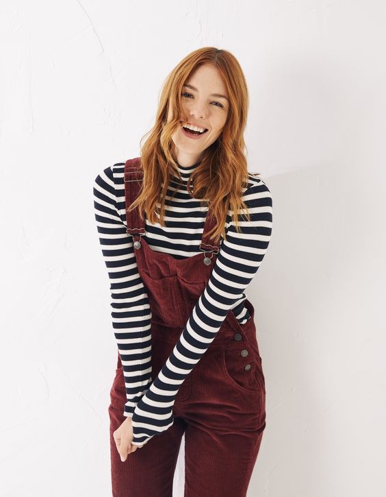 Corduroy Overalls and Striped Top: