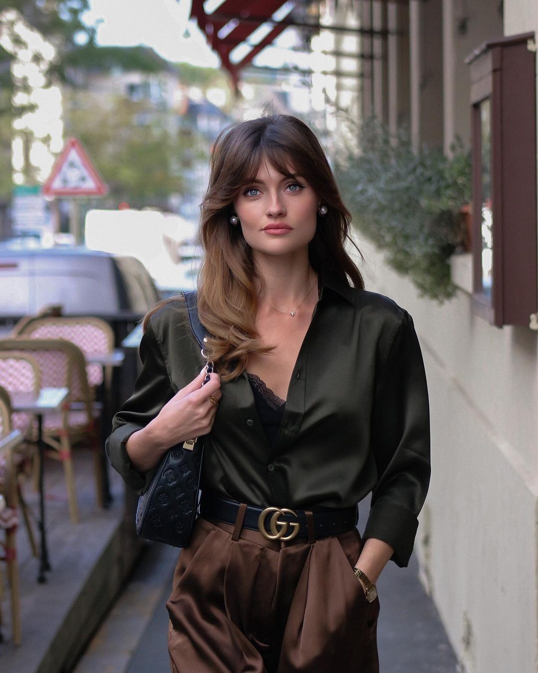 Green Shirt and Brown High-Waisted Trousers